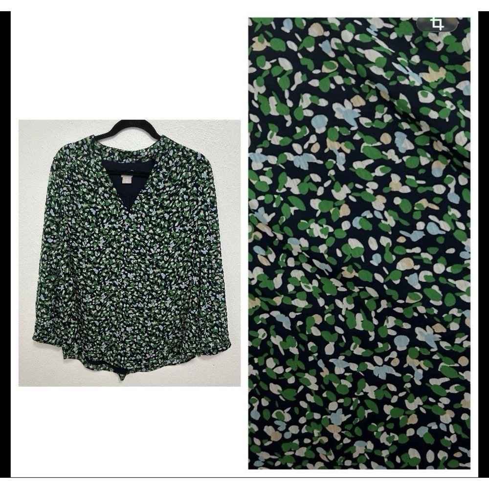 Chico's Green Blue Abstract Print Top Blouse Chiffon V Neck Lined Mature Sz 2/L